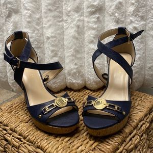 Marc Fisher Navy with gold embellishment wedges  size 8 Never worn